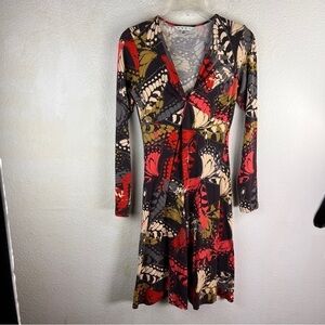 CAbi #217 Butterfly Empire V-neck twist front stretch dress. Size Small.